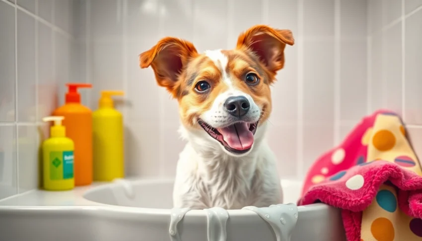 Dog wash near me: Happy dog enjoying a bath at a colorful self-service dog wash station.