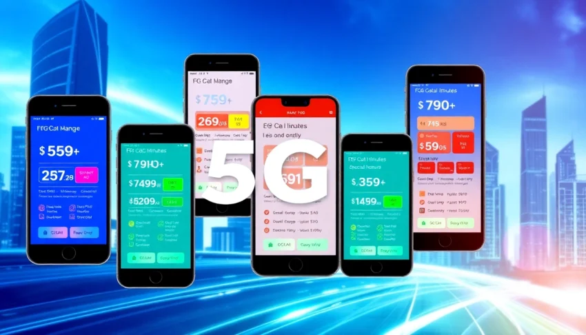 展示香港不同5G手機計劃的數碼拼貼，背景為城市天際線，強調科技和連接感。