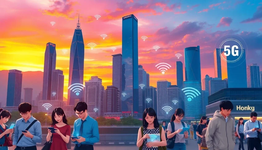 香港城市天際線，展現5G連接與科技未來感，夕陽下的繁忙生活與數據流動