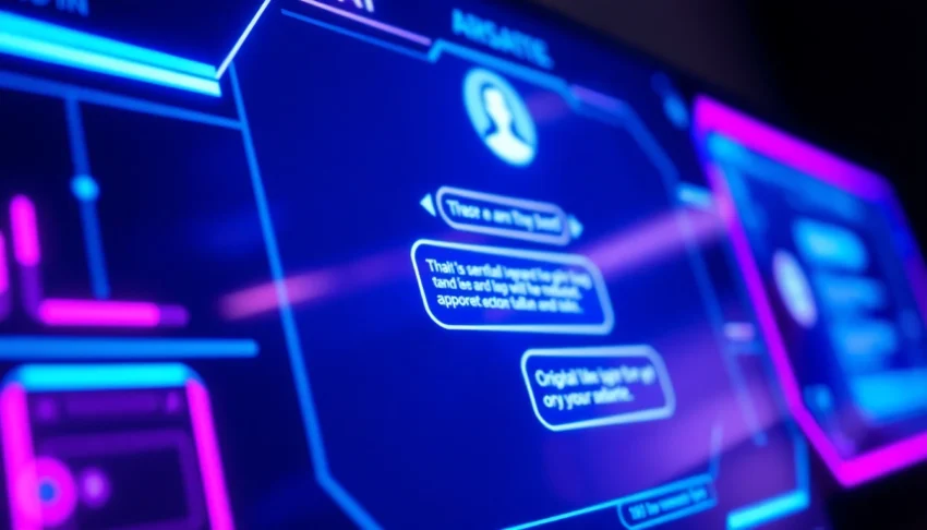 An AI chat interface on a digital screen with neon accents and holographic elements, depicting an immersive conversation scene.