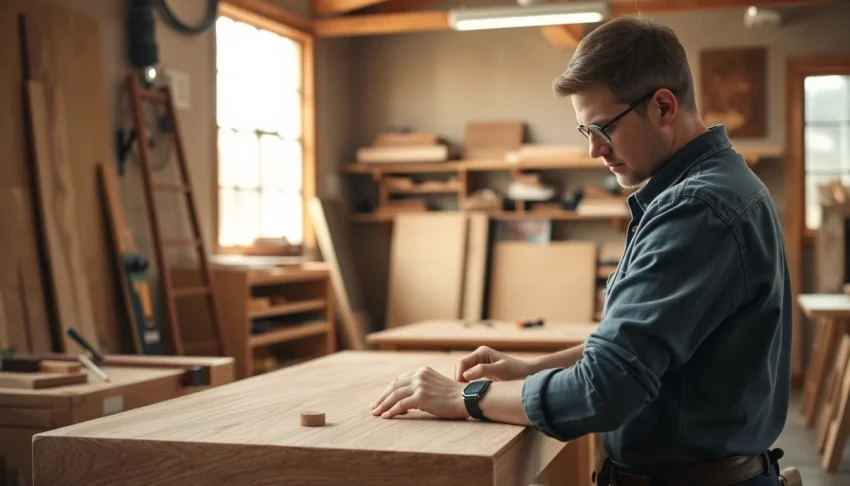Experienced carpenter shaping wood with precision in a professional workshop, showcasing craftsmanship and skill.