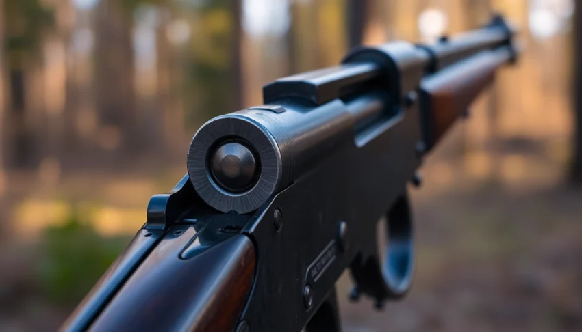 Rustic 32WIN lever-action rifle in a natural outdoor scene highlighting historical firearm craftsmanship.