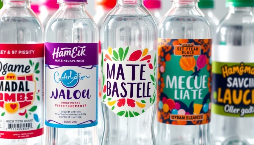 Custom water bottle labels featuring bold designs and waterproof durability on sleek bottles, perfect for events and branding initiatives.