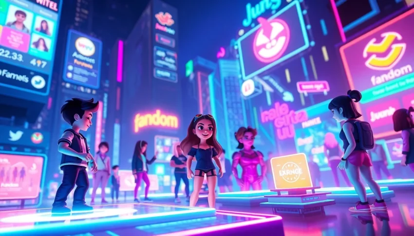 Futuristic virtual social environment with avatars and AI characters interacting on holographic interfaces.