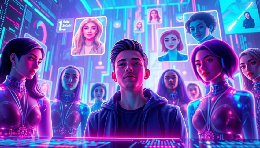 Futuristic digital social media interface with holographic avatars and vibrant neon colors