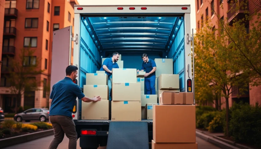 Apex Residential and Commercial Moving Calgary team efficiently loading a moving truck in Calgary neighborhood