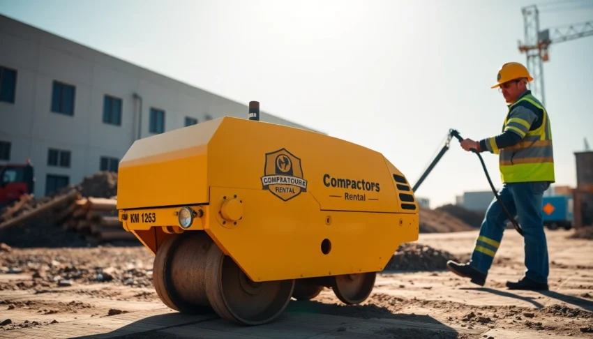 Efficient compactors rental service showing a worker operating a vibratory plate compactor on a construction site for solid groundwork preparation.