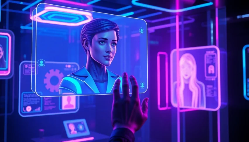 Futuristic digital scene of user engaging with an expressive AI avatar in a neon-lit virtual environment.