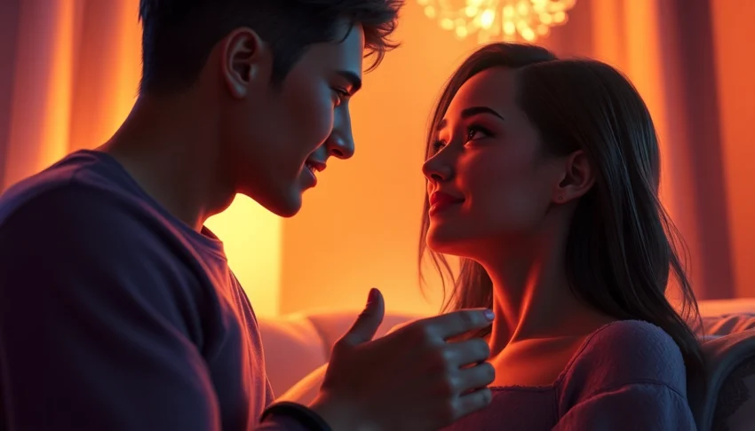 A realistic digital scene of an intimate virtual interaction between an AI character and a user in a cozy, warmly lit room.
