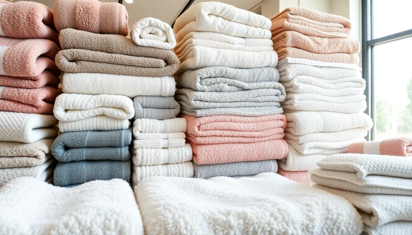 Towels Wholesale: Display of premium cotton towels in bulk packaging, ideal for bulk buyers and retailers.