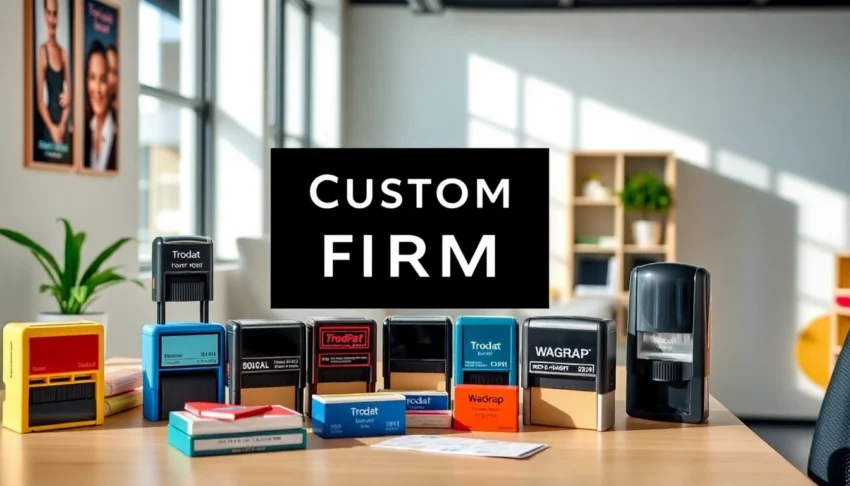 Create personalized pieczątki firmowe with a selection of Trodat, Colop, and Wagraf stamps showcased in a modern office environment.