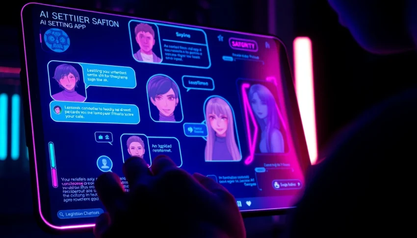 Futuristic digital scene of a user engaging with a neon-lit AI sexting app on a sleek screen, featuring virtual characters and holographic chat bubbles in a dark room.