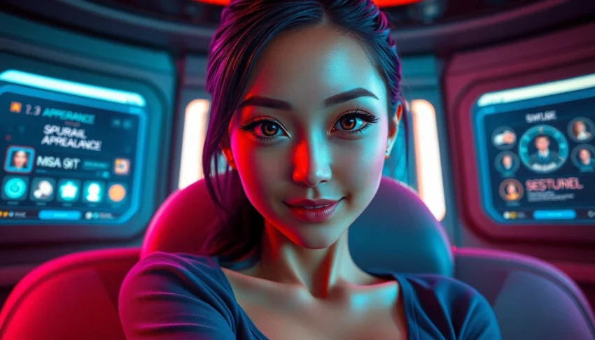 Hyper-realistic AI girlfriend with anime features in a futuristic room, glowing holograms, warm neon colors