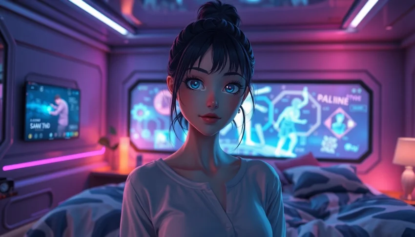 A futuristic bedroom scene featuring a realistic AI girlfriend avatar with neon lighting and high-tech surroundings.