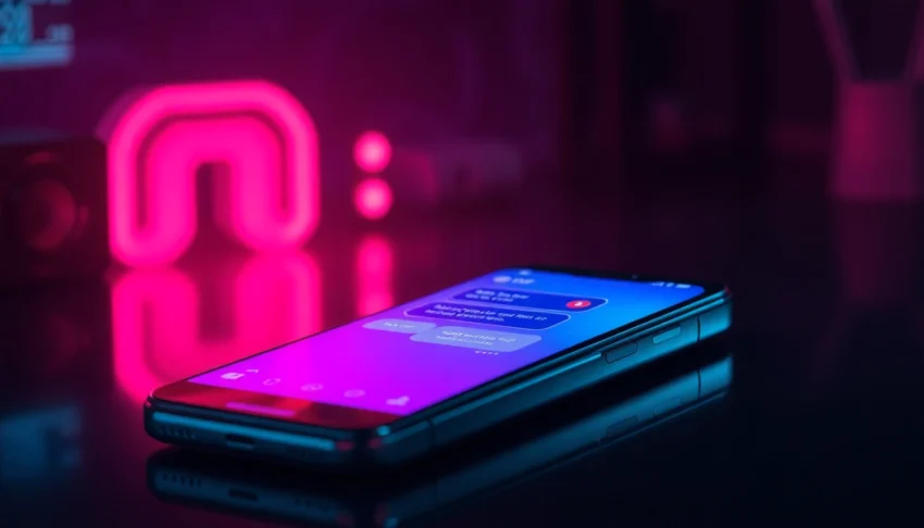 A modern smartphone displaying a vibrant AI chatbot interface with a futuristic design and glowing colors.