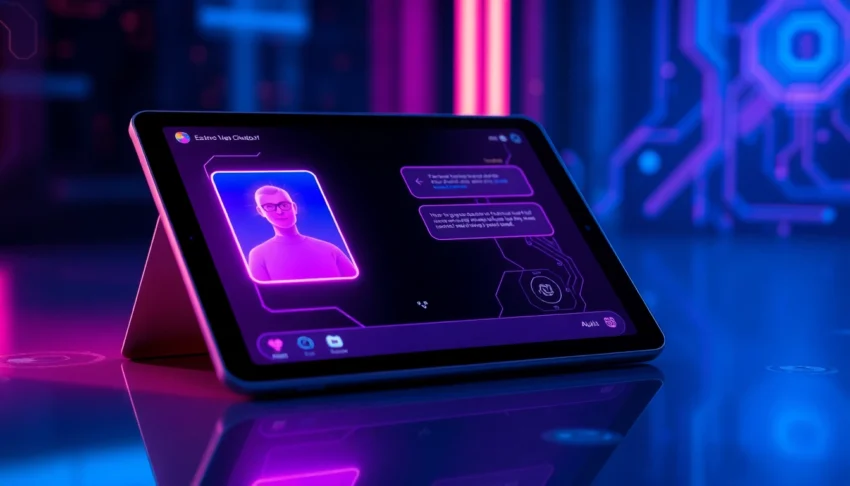 Futuristic AI chatbot interface on a modern tablet with neon glow