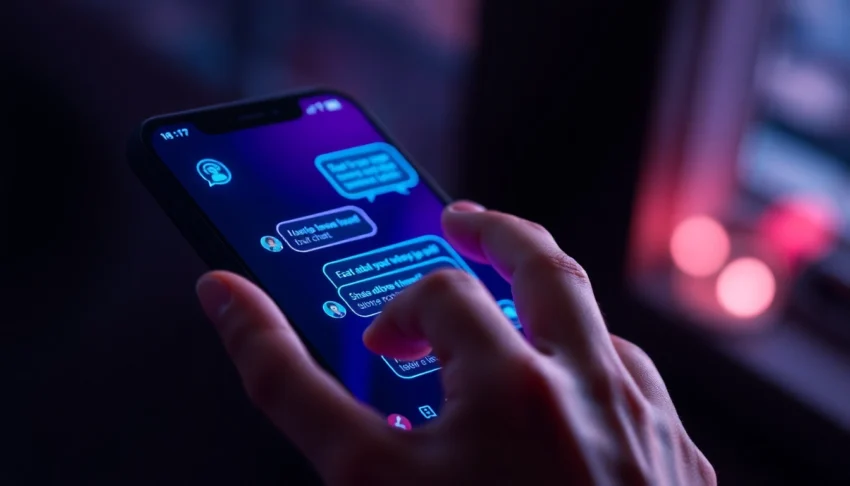 A futuristic chatbot interface on a smartphone with neon accents, depicting engaging conversations in a dark environment.