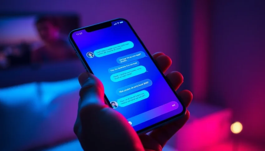 Close-up of a smartphone displaying an adult AI chat interface with vibrant colors and a dimly lit background.