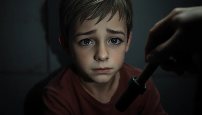 A distressed Harvey sitting in a dimly lit room with a hand holding a violent tool nearby, illustrating the moral dilemma of the game.