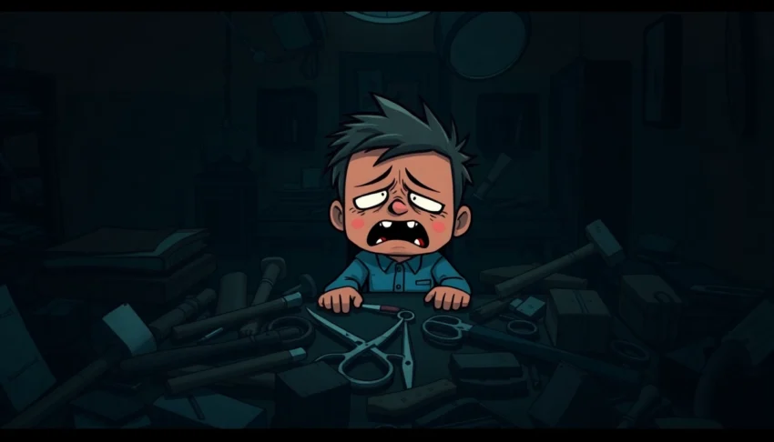 A disturbing scene of a distressed cartoon character surrounded by violent tools in a dark, eerie room, conveying psychological horror and moral conflict.