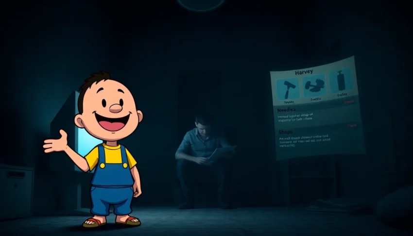 A disturbing scene of a cheerful cartoon character Harvey standing in a dark room with a distressed man, highlighting the contrast between innocence and horror in the game.
