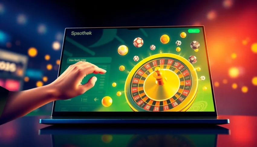 Digital illustration of an online sportsbook and casino platform interface with betting elements and vibrant colors.