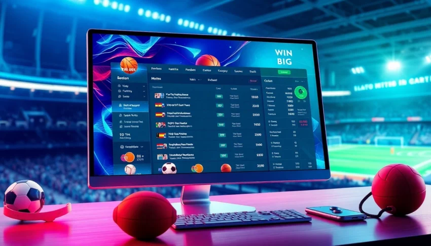 Illustration of an online sports betting platform interface with vibrant sports icons and futuristic design elements.