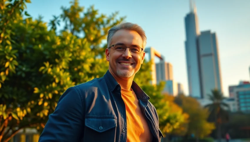 A confident man in a city park during sunset, smiling and dressed casually.