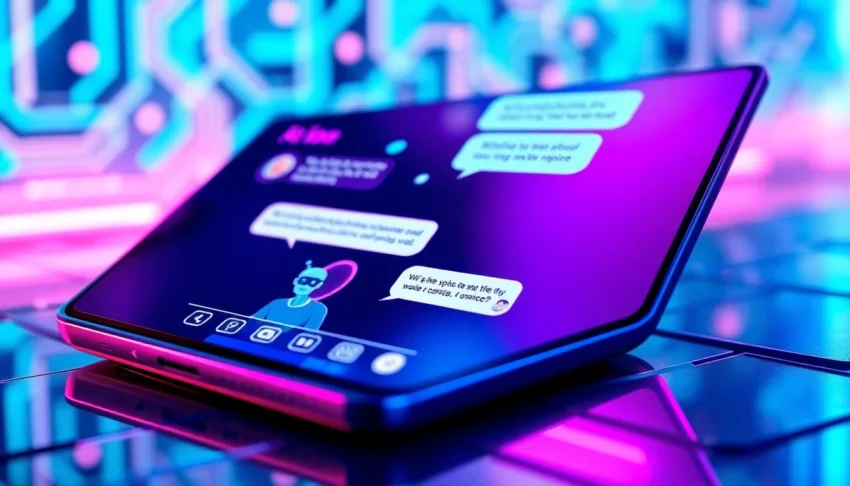 An illustration of a futuristic device displaying an engaging AI chat interface with neon colors and digital elements.
