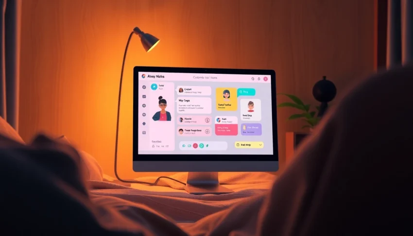A smartphone displaying a colorful AI chat interface in a cozy, softly lit environment.