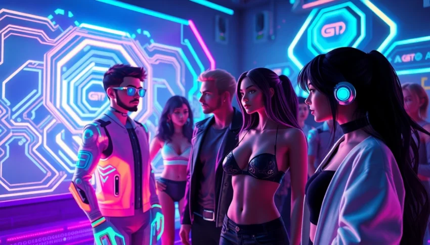 Virtual characters interacting in a neon-lit digital environment, emphasizing futuristic AI themes.