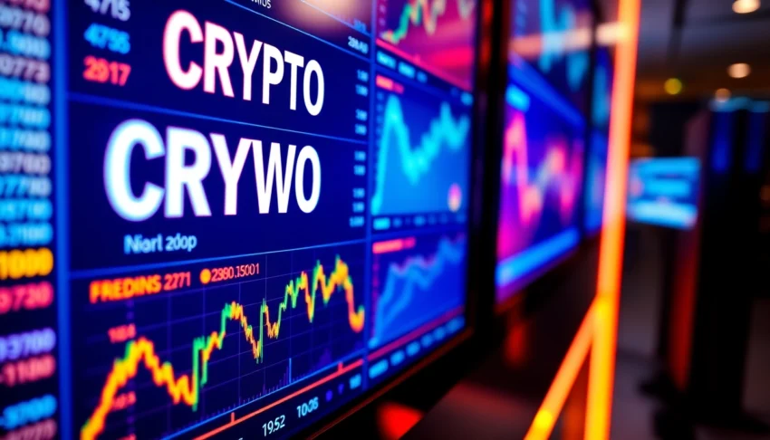 Crypto news website with latest market updates and digital graphs in a modern design