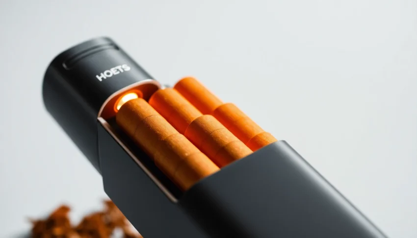Heets sigara tobacco sticks being heated in IQOS device, showcasing modern heated tobacco technology with detailed texture.