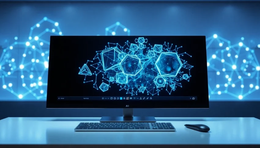 Futuristic digital workspace with AI image editing on a high-tech computer screen