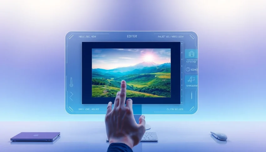 Futuristic AI interface editing a landscape image with holographic tools in a modern workspace.
