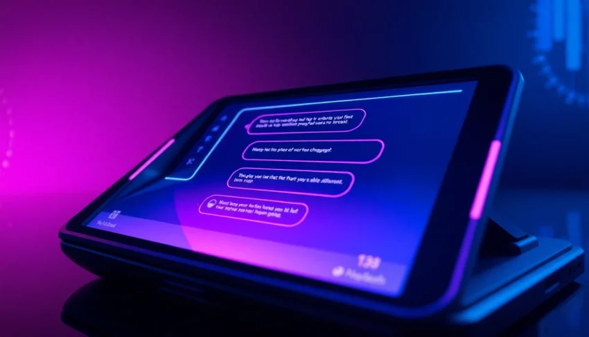 Futuristic digital chat interface with neon accents on a sleek device screen.