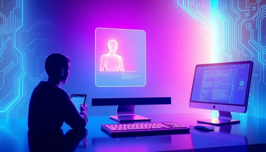Futuristic digital chat interface with AI character on multiple devices in a cyberpunk setting.