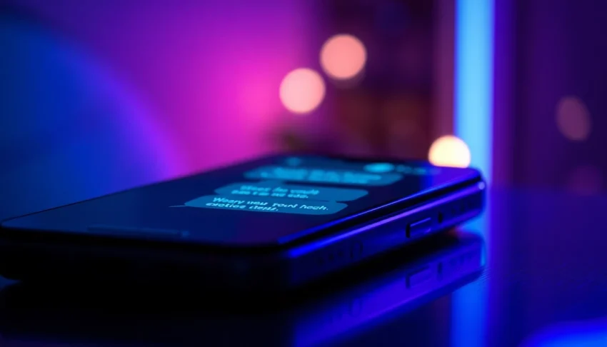 Close-up of a smartphone displaying an AI chatbot conversation with neon lighting effects, suggesting adult-themed interactions.
