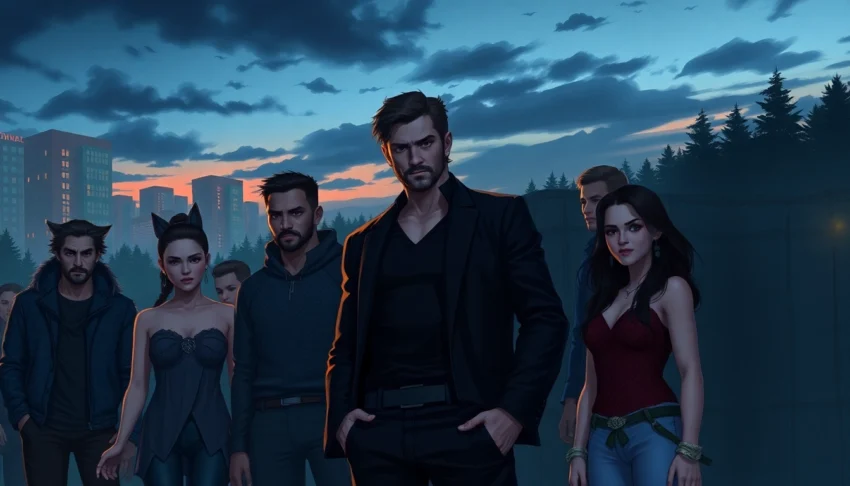 Illustration of a society inspired by the Omegaverse, featuring diverse characters representing alpha, beta, and omega roles in an urban-wilderness setting at twilight.