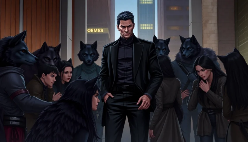 An artistic digital painting of humans with wolf-like features in an urban setting, highlighting social hierarchy and interactions within the Omegaverse universe.
