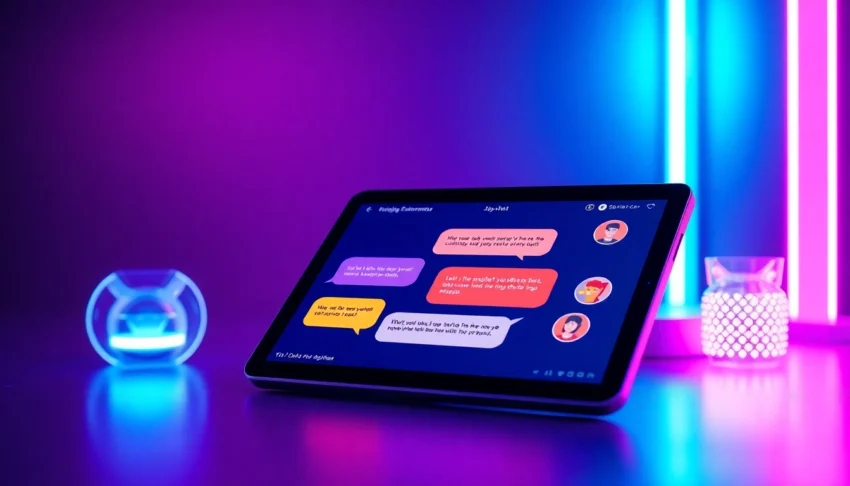 Digital chat interface on a tablet showcasing lively, spicy conversation with customizable AI characters in a neon-lit setting.