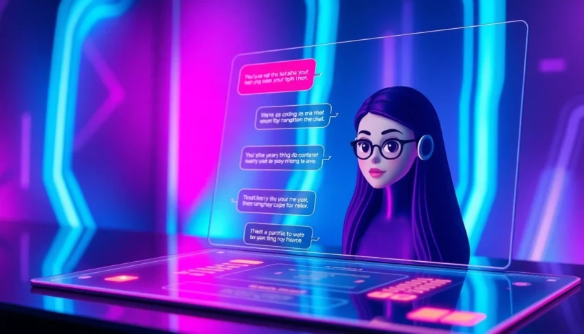 Futuristic chat interface with a customizable AI character in a high-tech environment with vibrant neon colors.