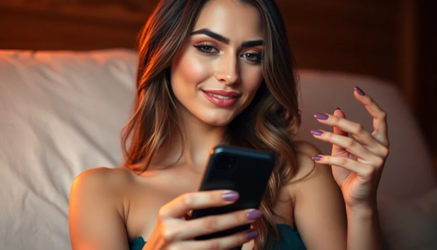 Sexy woman sending plans cul nudes on phone emphasizing discreet casual encounters
