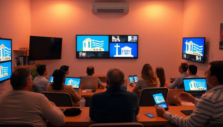 Greek chat online community connecting users through modern devices in a lively, Greek-inspired