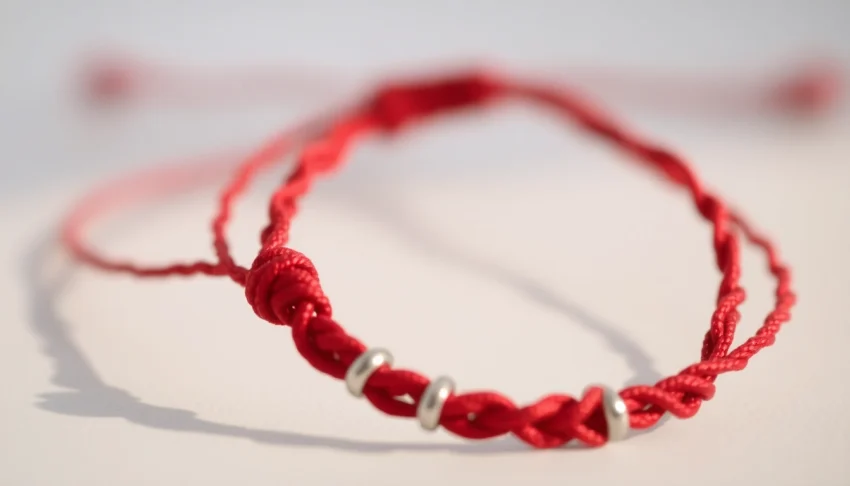 Showcase of a vibrant red string bracelet with silver details, highlighting craftsmanship and