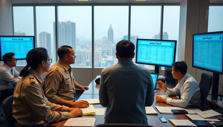 Sarkari Result update displayed on digital screen in busy government office environment
