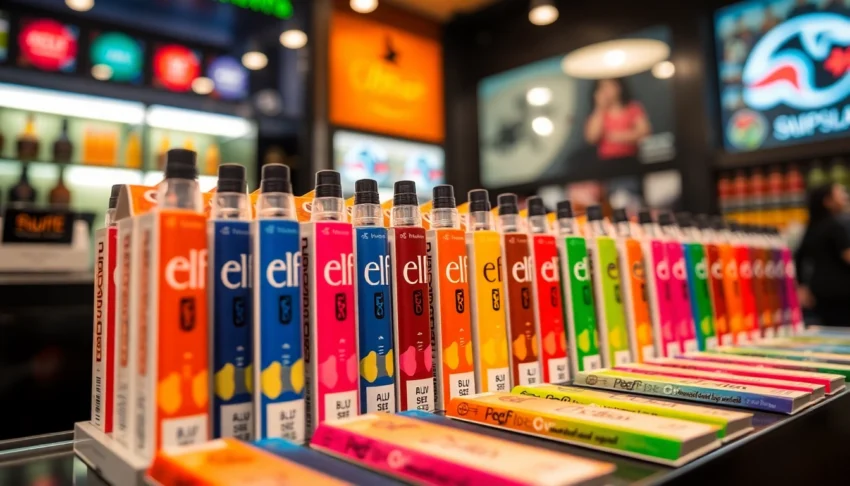 Elf Bar disposable vapes in vibrant colors showcased on a modern counter for easy access and