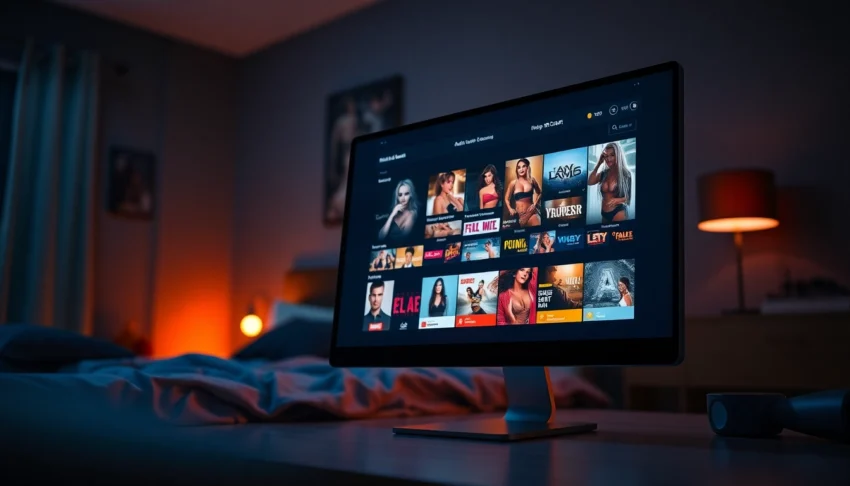 A computer screen displaying an adult video website interface with thumbnails and vibrant colors in a dimly lit room.