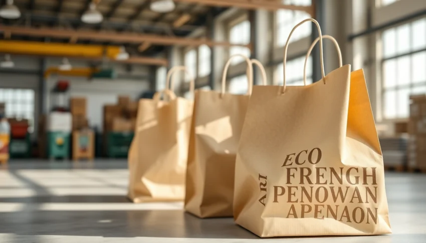 Eco-friendly paper bag (torba papierowa) with vibrant branding in a clean workspace,