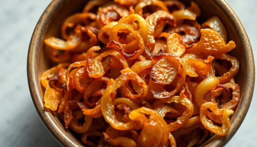 High-quality dehydrated toasted onion showing crispy golden bits, perfect for seasoning and